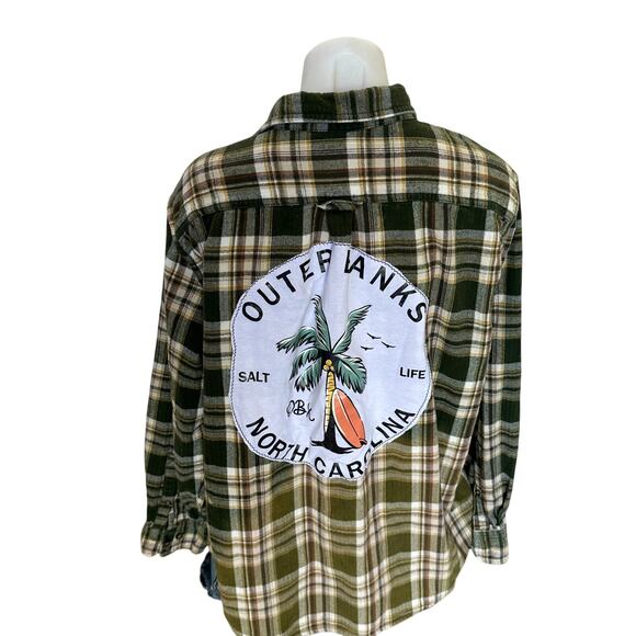Outer Banks Plaid Flannel Shirt Shacket XL Oversized One of a Kind Coconutgirl - Picture 1 of 6